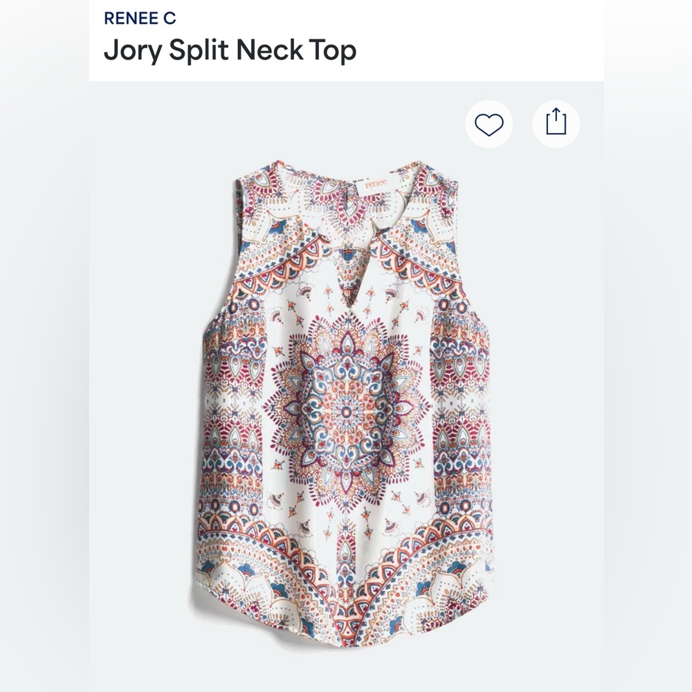 Renee C Jory Split Neck Sleeveless Top - white with red and blue pattern